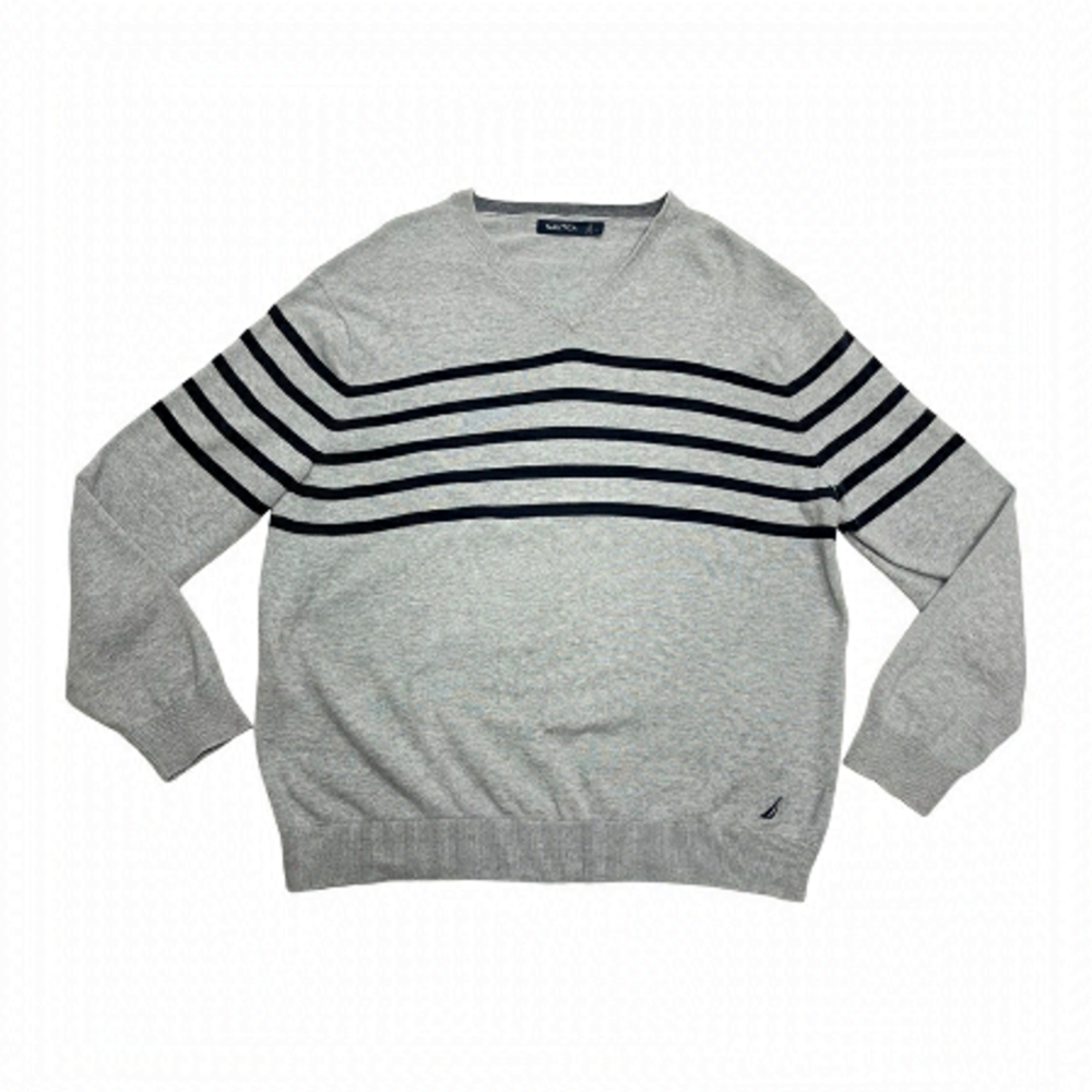 Nautica striped knited Sweater v neck grey blue size L sailor sail long sleeves